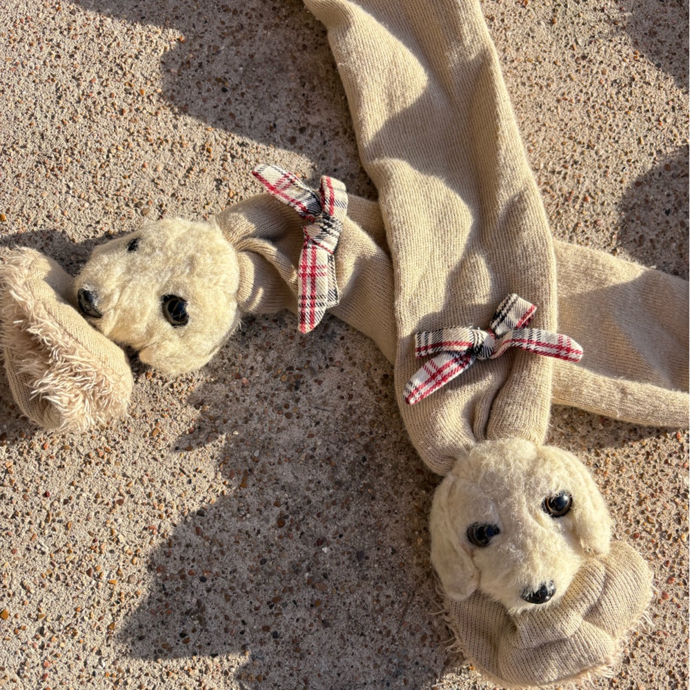 Puppy at Heart Dog-Themed Beige Scarf Plaid Bows Faux Fur Fluffy